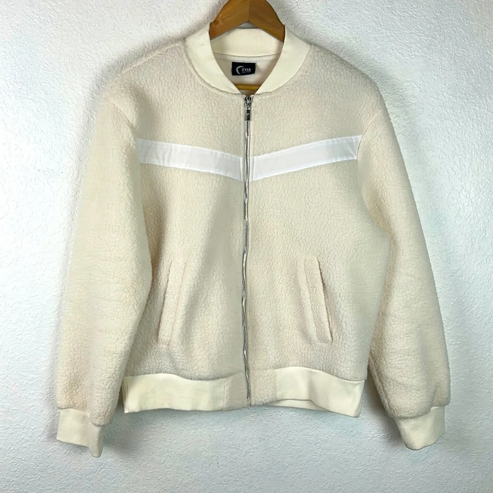 Zyia Active Flying V Sherpa Jacket Varsity Zip Cream White Fleece Bomber Medium - Picture 2 of 8